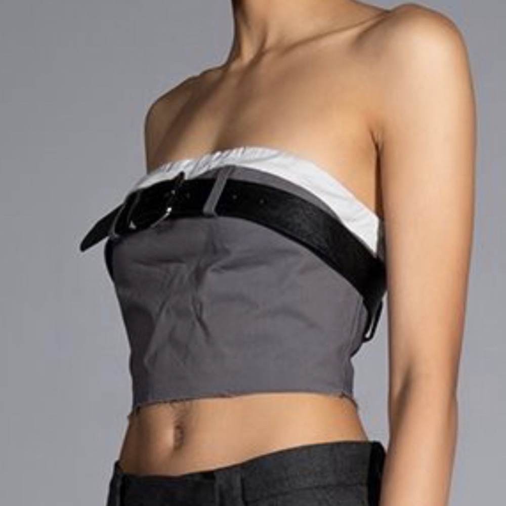 Layered Gray & Black Belted Crop Top